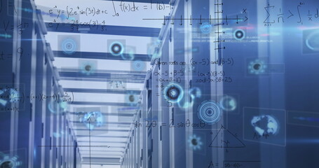 Poster - Displaying central server cabinets lining data center corridor, with holographic formula overlays