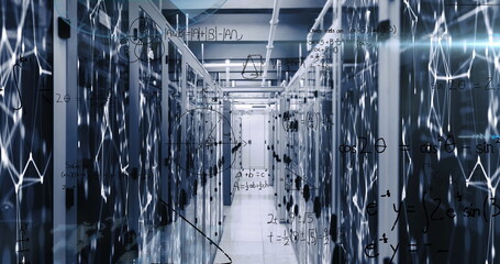 Poster - Displaying superimposed formulas floating over rows of server racks in data center, with LED lights