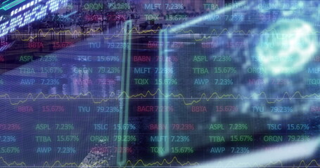 Poster - Displaying stock tickers and percentages with yellow line charts on glass inside finance office