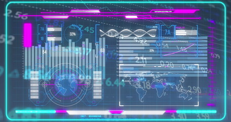 Poster - Displaying holographic interface showing bar charts and world map in control hub, with neon borders