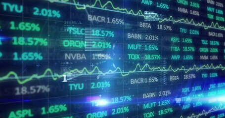 Poster - Displaying luminous electronic stock market data on trading desk screen, with neon green line graph