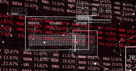 Poster - Network visualization panels floating in dashboard, with red ticker codes, percentage values, nodes