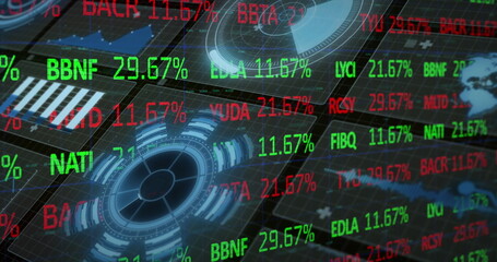 Poster - Trading interface displaying market data on dark grid, with floating tickers, charts and world map