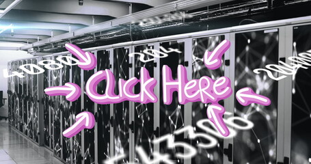 Poster - Showing neon-pink Click Here graphic over server aisle with racks, cabling and arrow code overlays