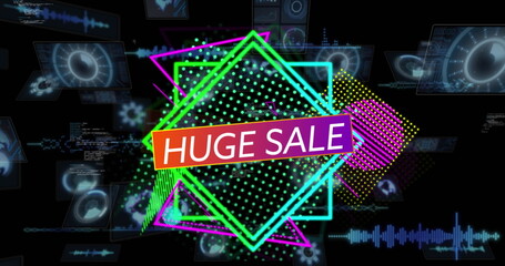 Poster - Displaying gradient huge sale banner in futuristic interface, with neon shapes and code overlays
