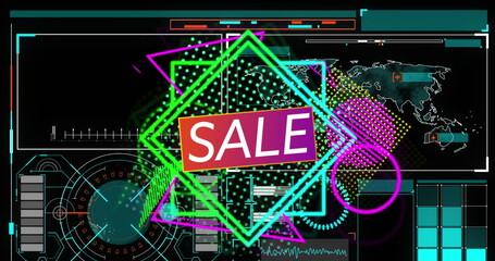 Poster - Displaying SALE banner hovering over neon hexagon shapes in futuristic UI, with world map grid