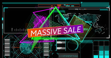 Poster - Displaying central neon gradient MASSIVE SALE banner glowing in UI, with HUD rings and world map