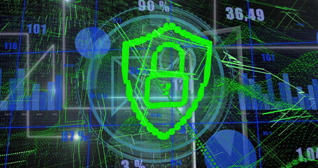 Poster - Green pixelated shield with padlock icon securing data in dashboard, with bar charts and streams