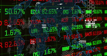 Poster - Displaying financial dashboard showing stock tickers and percentage values over map outline
