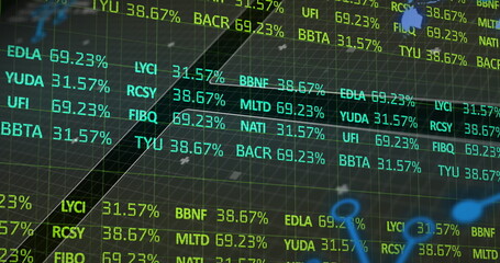 Poster - Displaying trading screen showing ticker codes, percentages on dark 3D grid, with light-blue curves