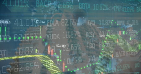 Poster - Financial analyst studying transparent display in trading office with stock charts and trend line
