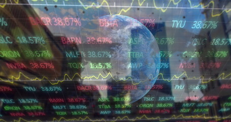 Poster - Spinning 3D globe floating over blurred building facade, with stock tickers and yellow line charts