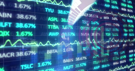 Poster - Displaying market data at trading desk, with tickers, percentage figures and radial overlay