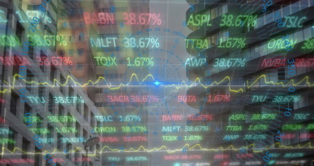 Poster - Floating holographic stock tickers and line charts rising over downtown street, with percentages