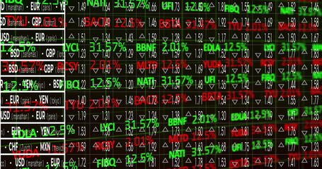 Poster - Displaying trading board showing currency and stock tickers in trading room, with arrow indicators