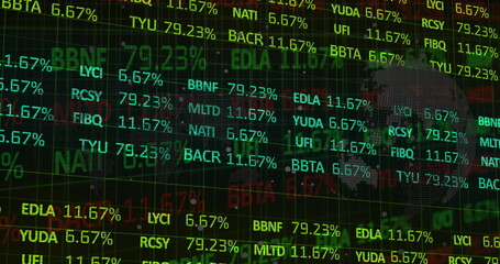 Poster - Displaying stock market tickers and percentages at trading terminal, grid lines and world map