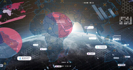 Poster - Displaying data-monitoring interface floating over Earth globe, with hexagonal grid, data tags
