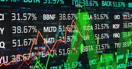 Poster - Displaying dashboard tracking market swings on trading screen, with colored graphs and tickers