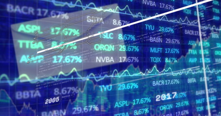 Poster - Displaying market overlay panel on trading desk, showing tickers, percentages and dual trend lines