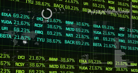 Poster - Rendering financial dashboard interface at market data terminal, with data grid, world map, charts