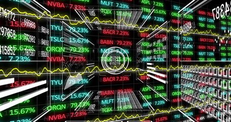 Poster - Displaying circular HUD overlaying data in trading corridor, with scrolling stock ticker panels