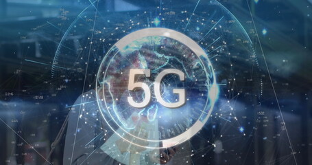 Poster - Woman in business attire holding smartphone, viewing holographic 5G globe and data nodes in office