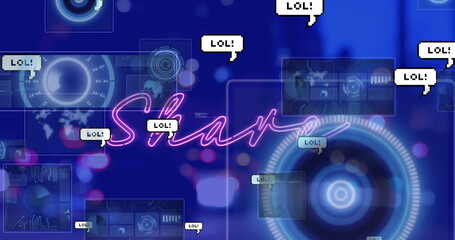 Poster - Floating neon pink Share text hovering at digital interface, with LOL bubbles, data and HUD circles