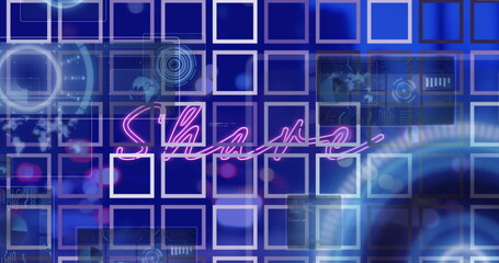 Poster - Displaying neon pink cursive Shape glowing over grid on blue purple gradient, with HUD graphics