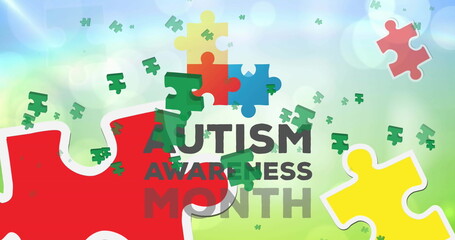 Poster - Showing AUTISM AWARENESS MONTH on gradient with red, yellow and multicolor puzzles, green fragments