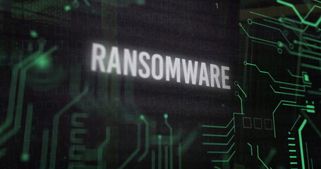 Leinwandbilder - Displaying central white uppercase RANSOMWARE text on green circuit interface, with binary code