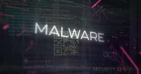 Poster - Displaying white MALWARE text and QR code overlay on digital interface with magenta circuit lines