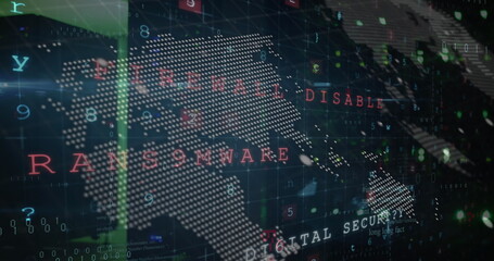 Poster - Displaying dot matrix world map streaming red ransomware alert in cyber terminal, with binary code