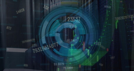 Poster - Showing circular HUD element floating in server room, with candlestick bars and line graphs