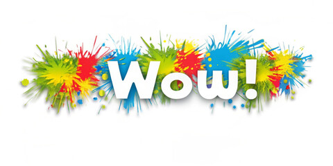 Poster - The word wow in white letters surrounded by colorful paint splatters and a white background is visible created with generated ai