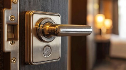 Poster - Keycard-locked hotel room door with clean label and modern chrome handle