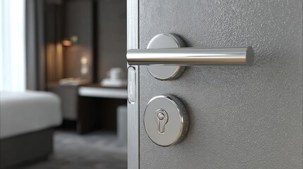 Poster - Keycard-locked hotel room door with clean label and modern chrome handle