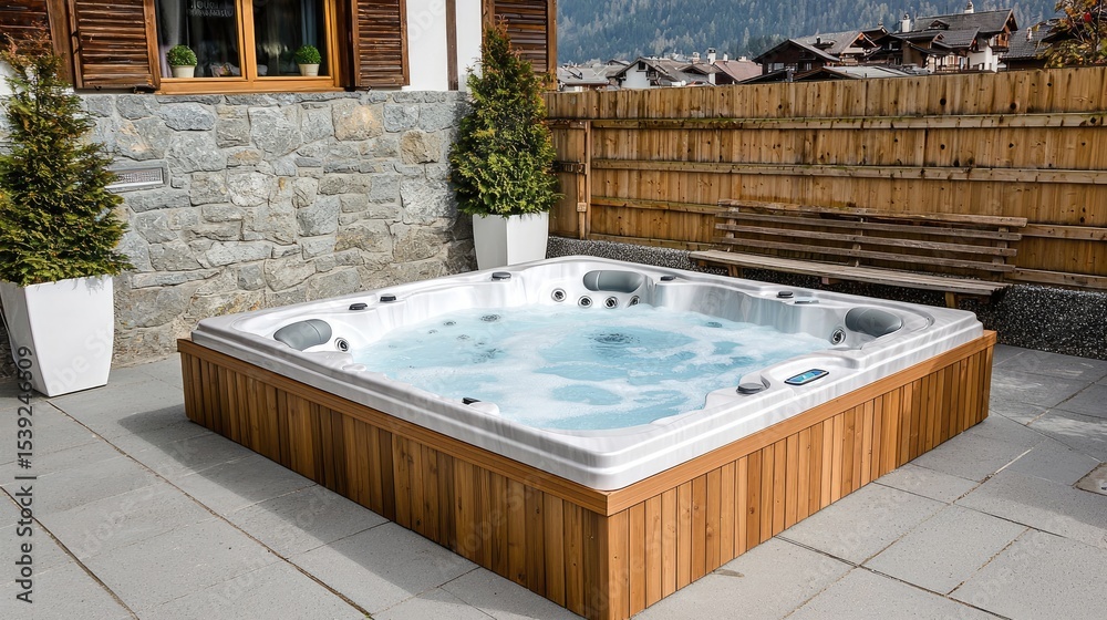 Modern outdoor hot tub on a patio.