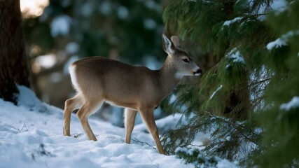 Poster - A white-tailed deer standing in the snow, with its head tilted back and ears perked forward, next to evergreen trees