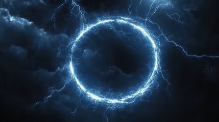 A dramatic sky with dark clouds and a glowing blue circle of lightning in the center of the frame