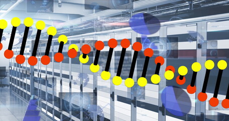 Poster - Displaying DNA helix graphic in server room showcasing server cabinets, cable trays, blue spheres