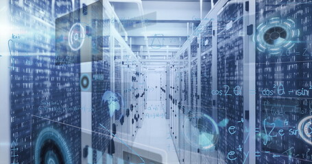 Poster - Streaming digital data through server corridor in data center, with server racks flashing LEDs