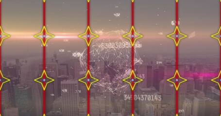 Poster - Wireframe globe hovering above skyline at dusk, with numeric data, grid lines, star markers