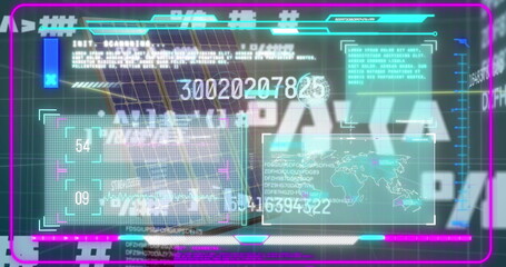Fototapete - Displaying neon HUD interface floating on world map overlay, with numeric panels and magenta frame