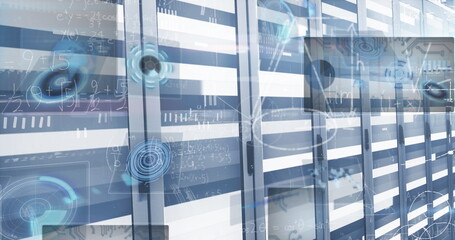 Poster - Glowing server cabinets showcasing components in data center hallway, with digital HUD overlays