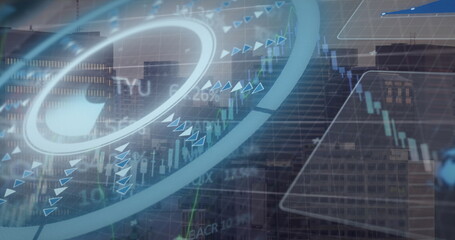 Poster - Displaying trading overlay over city skyline with gauge, candlesticks, arrow icons and % labels