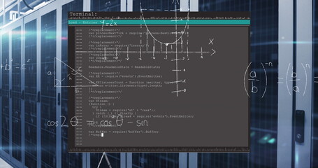 Poster - Displaying dark terminal window processing code and graph in data center, with racks and formulas