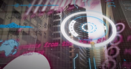 Poster - Hovering circular interface projecting equations over skyscraper at urban centre, with grid overlay
