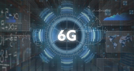 Poster - Animating 6G in digital environment showing HUD rings, radial bars, data panels, formulas and grid