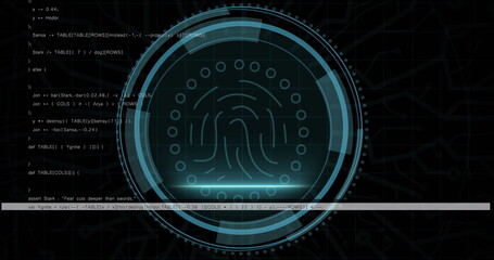 Fototapete - Displaying biometric fingerprint graphic on terminal screen, with concentric HUD arcs and code