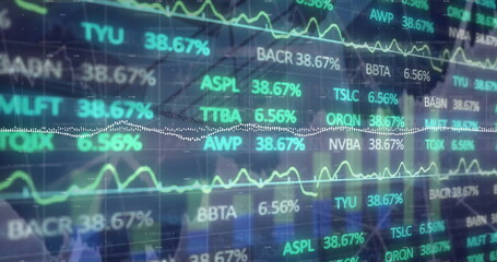 Poster - Displaying transparent stock screen at trading floor, with tickers, percentages, charts, gridlines